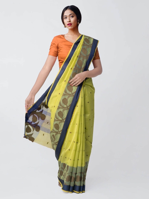 Unnati Silks Green & Navy Blue Silk Cotton Woven Design Kanjeevaram Saree