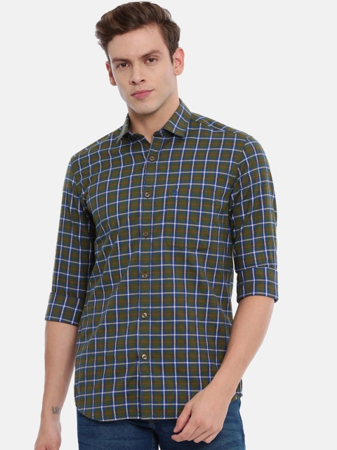 Classic Polo Men Olive Green & Blue Slim Fit Checked Casual Shirt