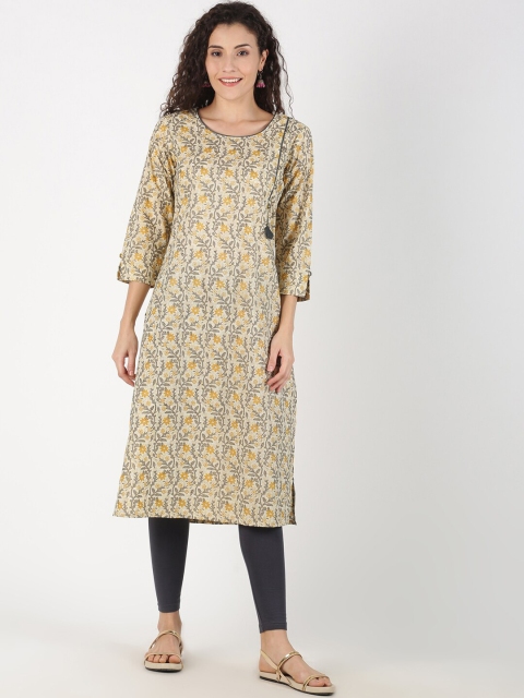 Saffron Threads Women Yellow & Green Printed Straight Kurta