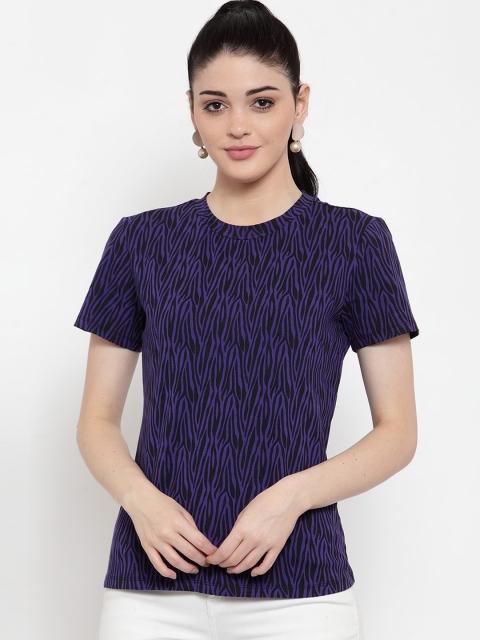 DOOR74 Women Purple Printed Round Neck T-shirt