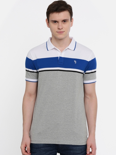 Classic Polo Men Grey & White Striped Polo Collar T-shirt