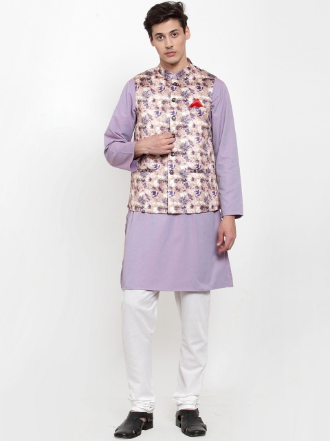 NEUDIS Men Purple & White Printed Kurta with Churidar With Jacket