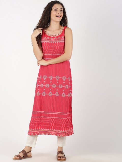 Saffron Threads Women Coral Pink & White Embroidered Straight Kurta