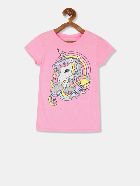 The Childrens Place Girls Pink & Yellow Unicorn Printed Round Neck T-shirt