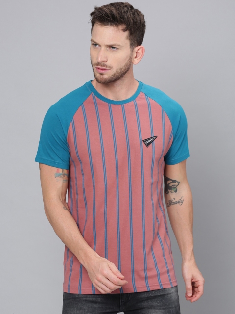 DILLINGER Men Pink Striped Round Neck Pure Cotton T-shirt