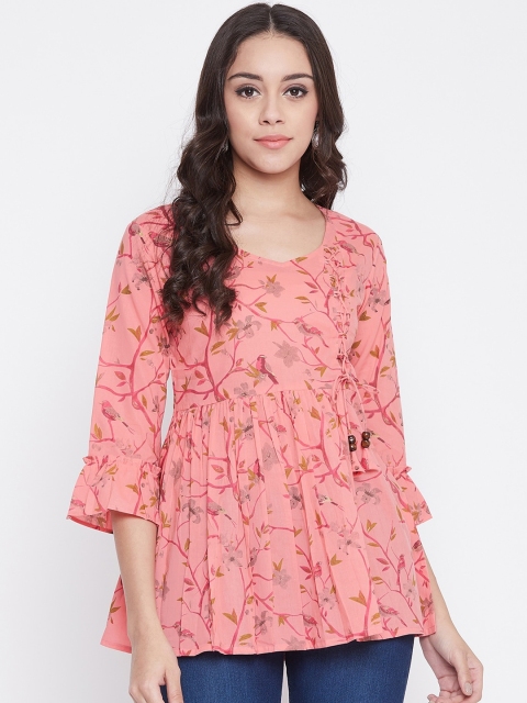 ETHNIC STREET Women Peach-Coloured Floral Printed Gathered A-Line Pure Cotton Top with Tie-Ups