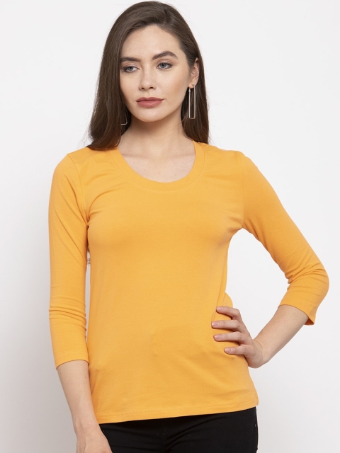DOOR74 Women Mustard Yellow Solid Round Neck T-shirt