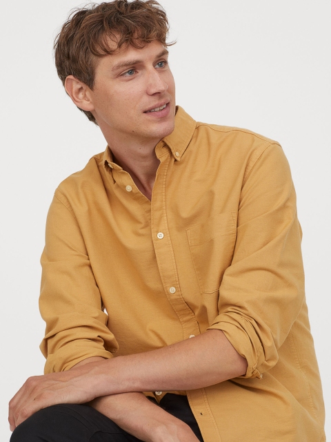 H&M Men Yellow Solid Oxford Shirt Regular Fit