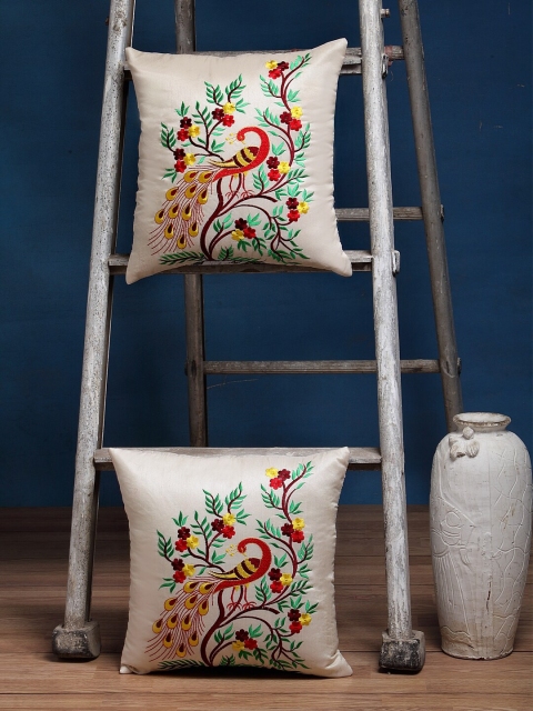 Alina decor White & Red Set of 2 Floral Square Cushion Covers