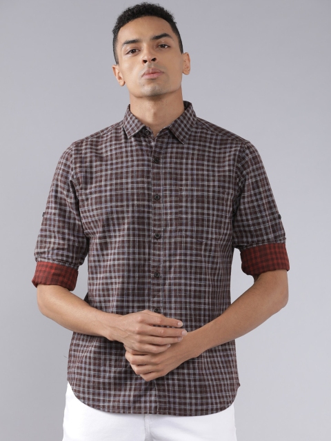 HIGHLANDER Men Brown & Grey Slim Fit Checked Casual Shirt