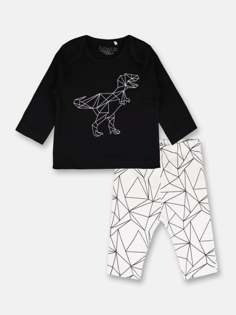 PLAYNESS Boys Black & White Printed Night suit