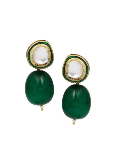DUGRISTYLE Green & Gold Oval Vilandi Drop Earrings