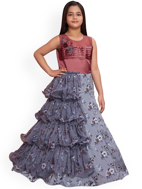 BETTY Girls Grey & Maroon Self Design Fit & Flare Party Dress