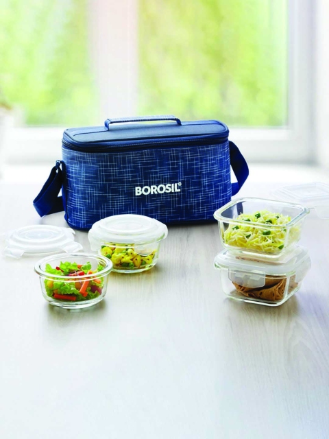BOROSIL Blue & Transparent Indigo Borosilicate Glass 4 Piece Containers Lunch Box With Bag
BOROSIL Blue & Transparent Indigo Borosilicate Glass 4 Piece Containers Lunch Box With Bag