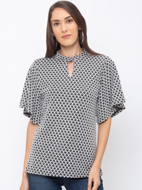 Globus Women Black & White Printed Flared Sleeves Top