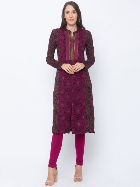 Globus Women Magenta & Black Woven Design Straight Kurta