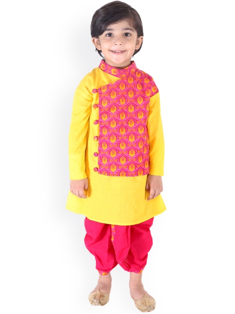KID1 Boys Yellow & Pink Printed Angrakha Kurta with Dhoti Pants