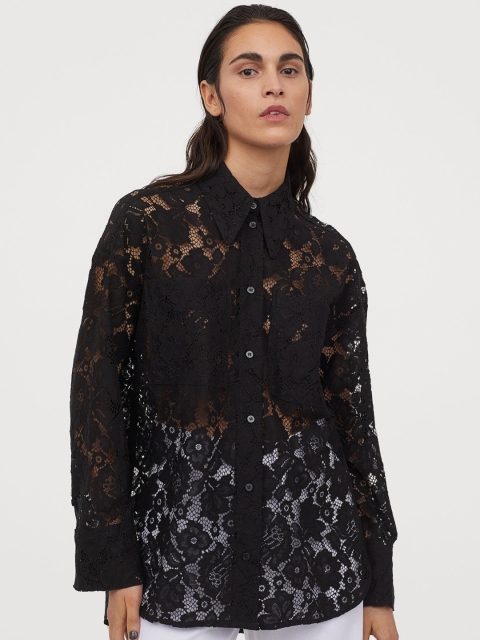 H&M Women Black Oversized Lace Shirt