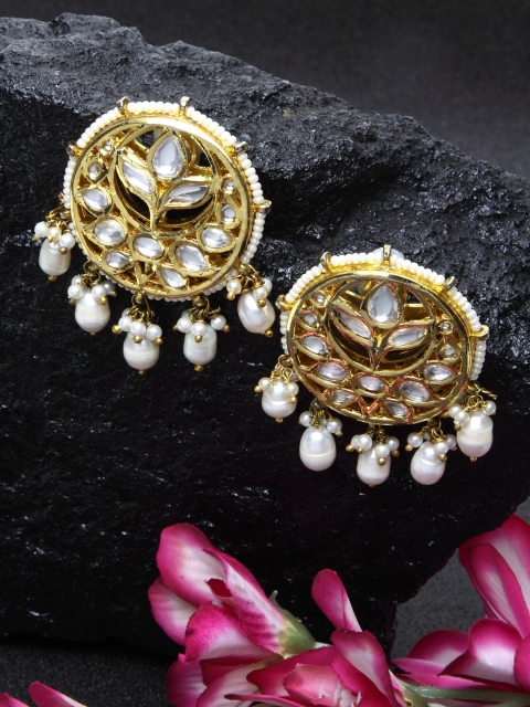 DUGRISTYLE Gold-Plated White Kundan Studded Circular Drop Earrings