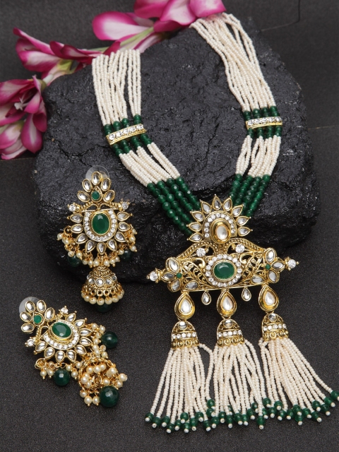 DUGRISTYLE Gold-Plated Green & White Kundan-Studded Pearls Handcrafted Jewellery Set