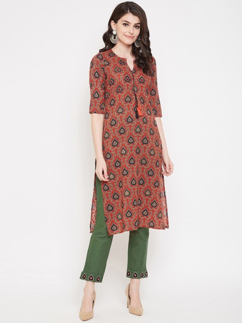Ishin DESIGNER STUDIO Women Maroon & Green Printed Kurta with Trousers