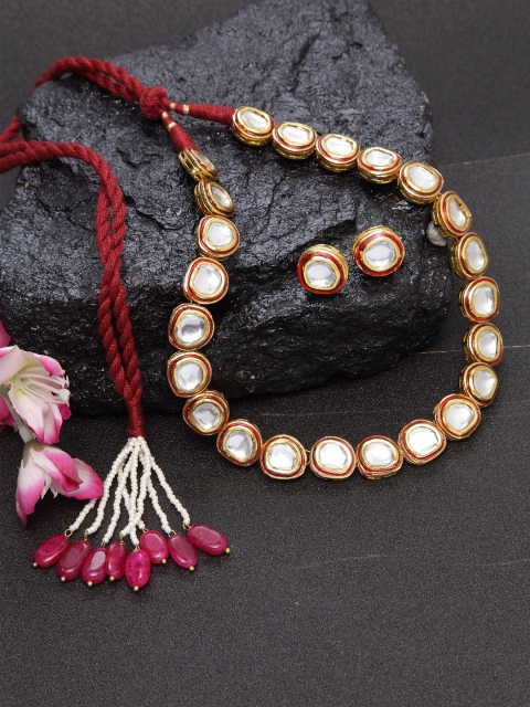 DUGRISTYLE Gold-Plated White & Red Kundan-Studded Meenakari Handcrafted Jewellery Set