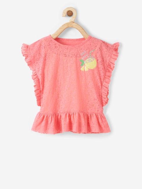 VITAMINS Girls Pink & Yellow Self Design Top