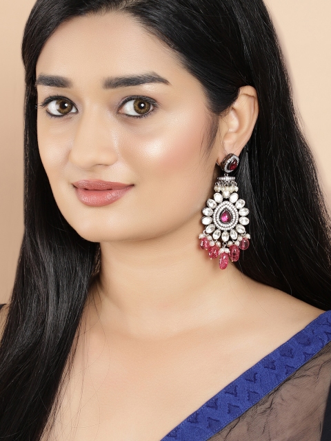 Rubans Silver-Plated & Pink Handcrafted kundan Studded Classic Drop Earrings