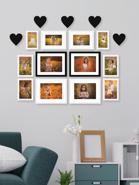 RANDOM Set of 12 Black & White Photo Frames with 5 'Heart' Plaques