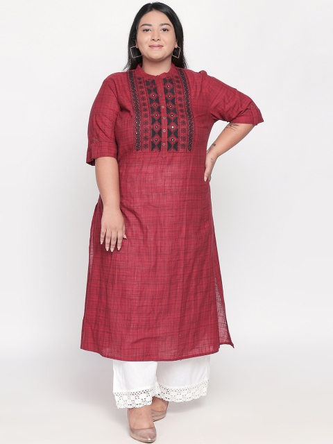 RANGMANCH PLUS by Pantaloons Women Maroon & Black Yoke Design Straight Kurta