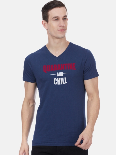 Free Authority Men Navy Blue & White Printed V-Neck T-shirt