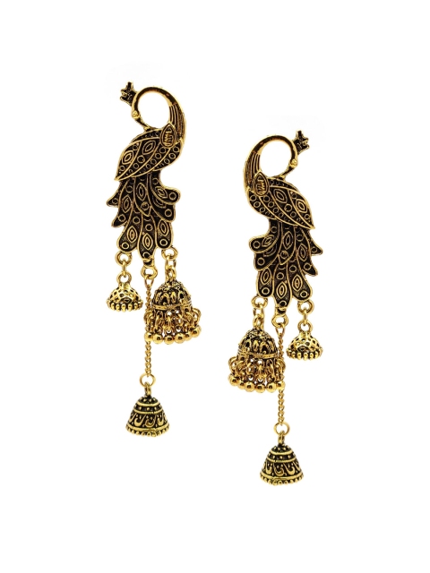 Sia Art Jewellery Gold Peacock Shaped Oxidised Jhumkas