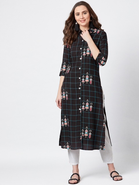 PANIT Women Black & Blue Tribal Print Straight Kurta