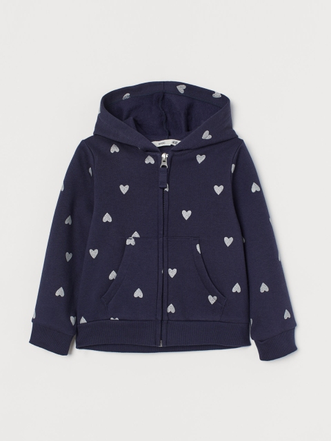 H&M Girls Navy Blue & Silver-Toned Printed Hooded jacket