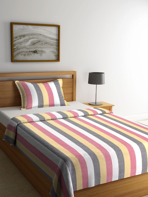 KLOTTHE Yellow & White Woven Design Single Bed Cover With Pillow Cover