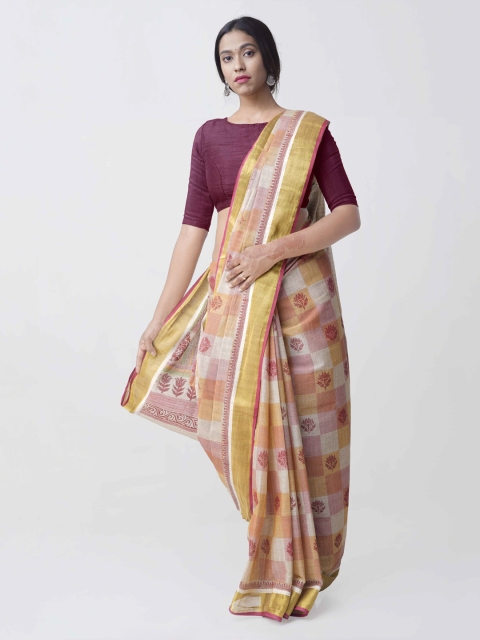 Unnati Silks Pink & Yellow Kerala Jute Cotton Printed Kasavu Saree