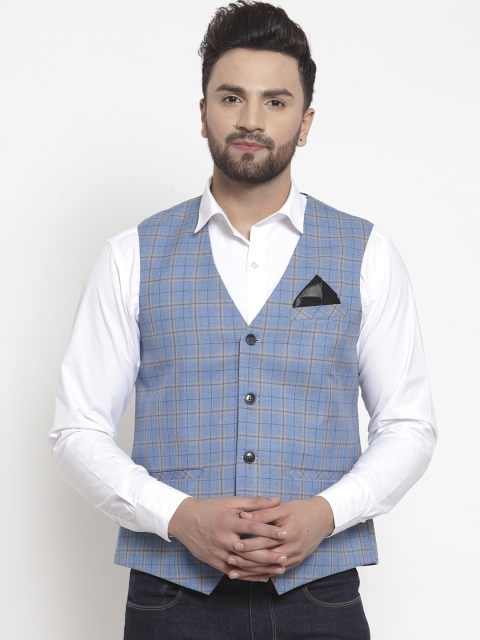 NEUDIS Men Blue & Brown Checked Waistcoat