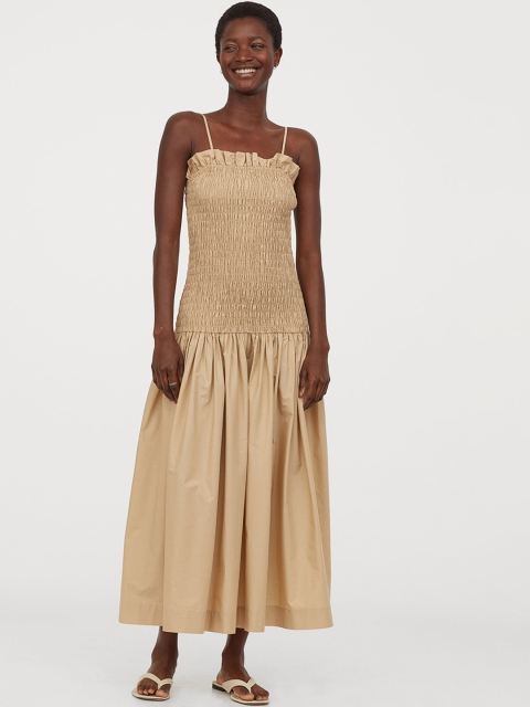 H&M Women Beige Smocked Cotton Dress
