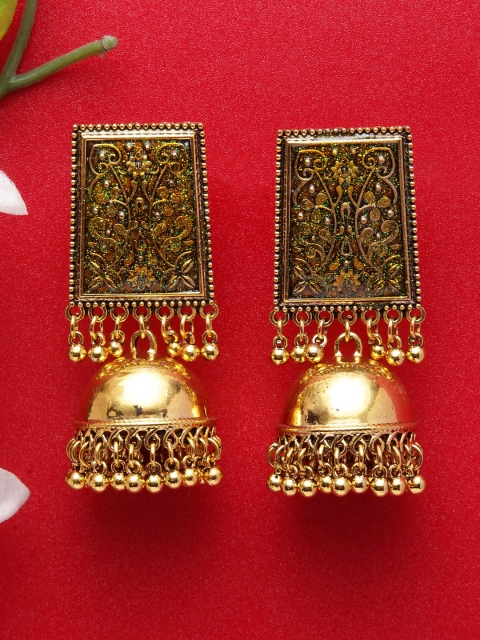 Moedbuille Gold-Plated Handcrafted Oxidised Meenakari Dome Shaped Jhumkas