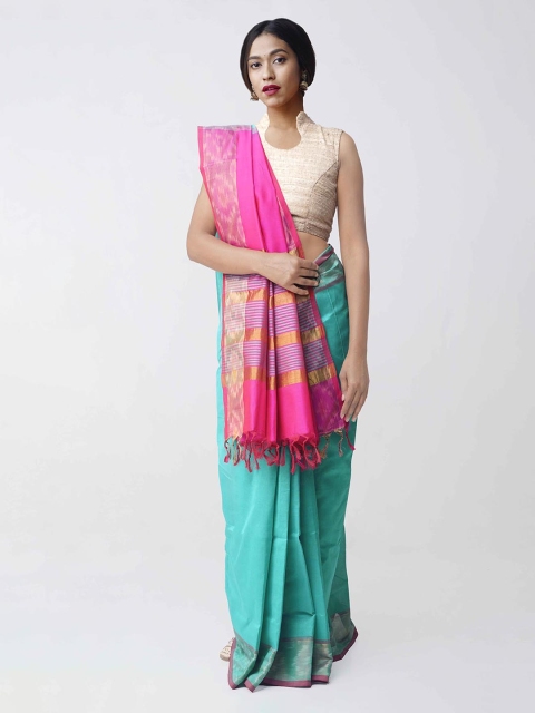Unnati Silks Sea Green & Pink Silk Pure Handloom Kanjivaram Cotton Saree