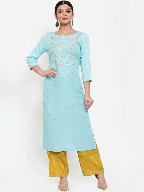 ANAISA Women Turquoise Blue Floral Embroidered Regular Thread Work Kurta with Palazzos
ANAISA Women Turquoise Blue Floral Embroidered Regular Thread Work Kurta with Palazzos