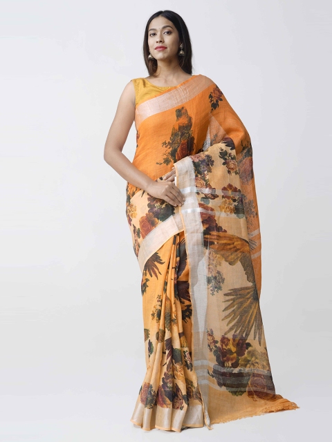 Unnati Silks Orange Printed Pure Handloom Pure Linen Saree