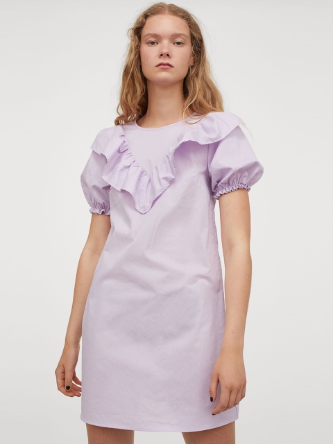 H&M Women Lavender Solid Flounce-trimmed Cotton Dress