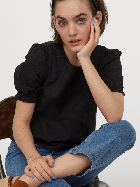 H&M Black Self-Design Broderie Anglaise Pure Cotton Blouse