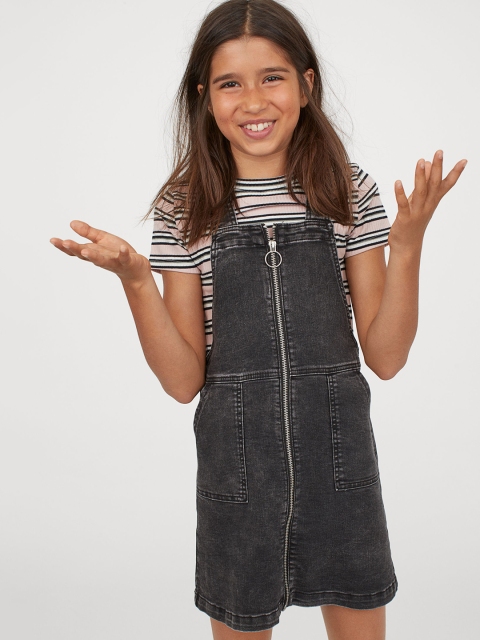 H&M Girls Grey Denim Cotton Twill Dungaree Dress
