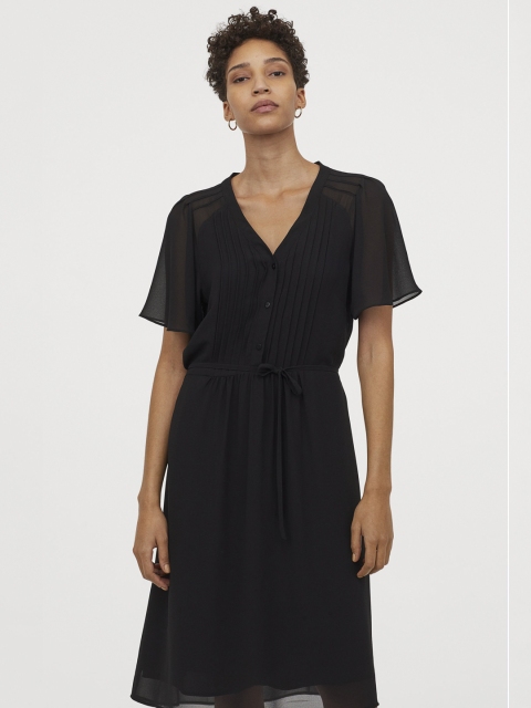 H&M Women Black Solid Pin-tuck-detail Dress