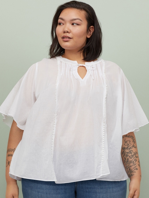 H&M+ Women White Solid Pin-tuck Cotton Blouse