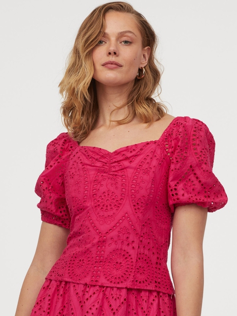 H&M Women Red Self-Design Broderie Anglaise Blouse, Pink