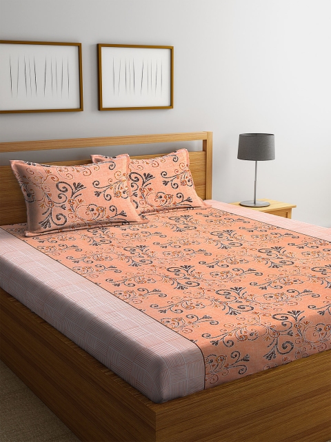 NEUDIS Peach Floral 180 TC Cotton 1 Queen Bedsheet with 2 Pillow Covers