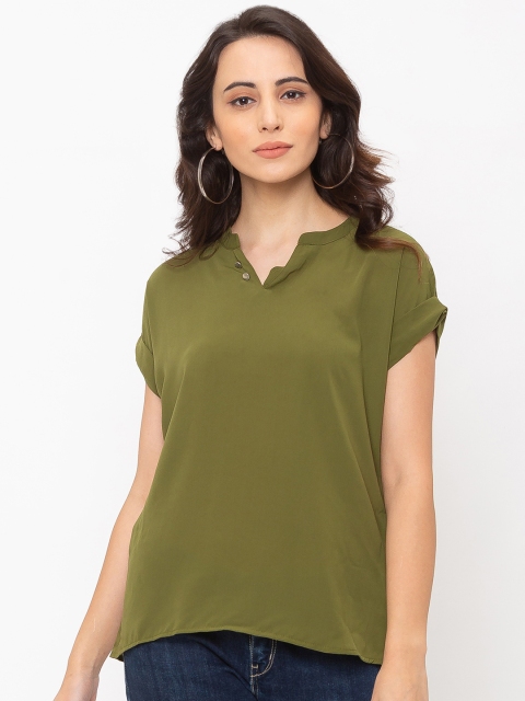 Globus Women Olive Green Solid Pure Cotton Top